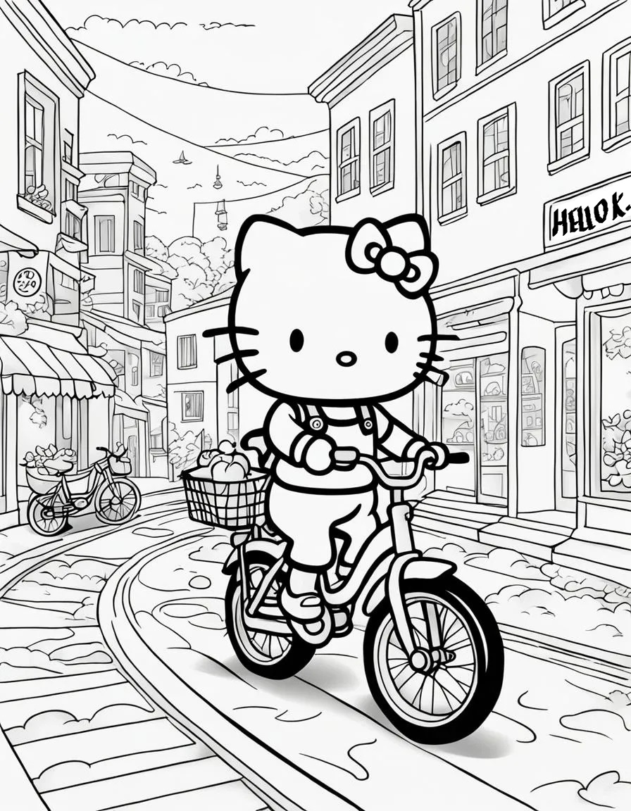 Ausmalbilder Hello Kitty in der Stadt zum Ausdrucken