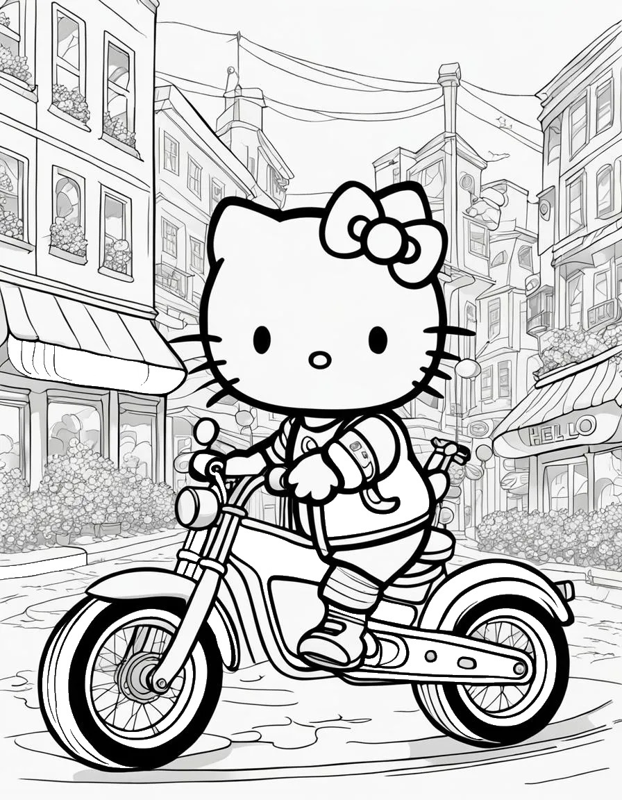 Ausmalbild Hello Kitty fahre Fahrrad zum Ausdrucken