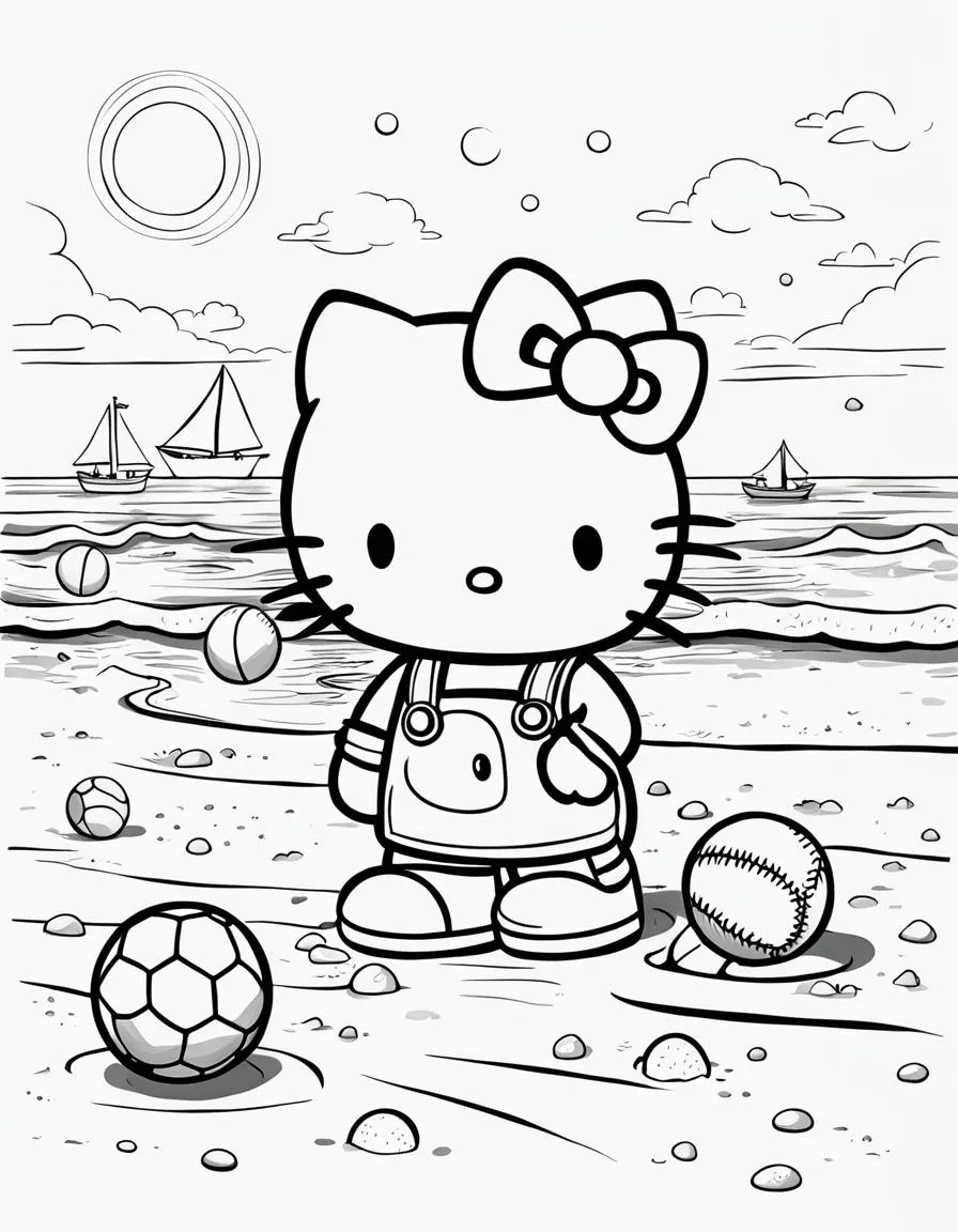 Ausmalbild Hello Kitty spielt am Strand Kostenlos zum Ausdrucken