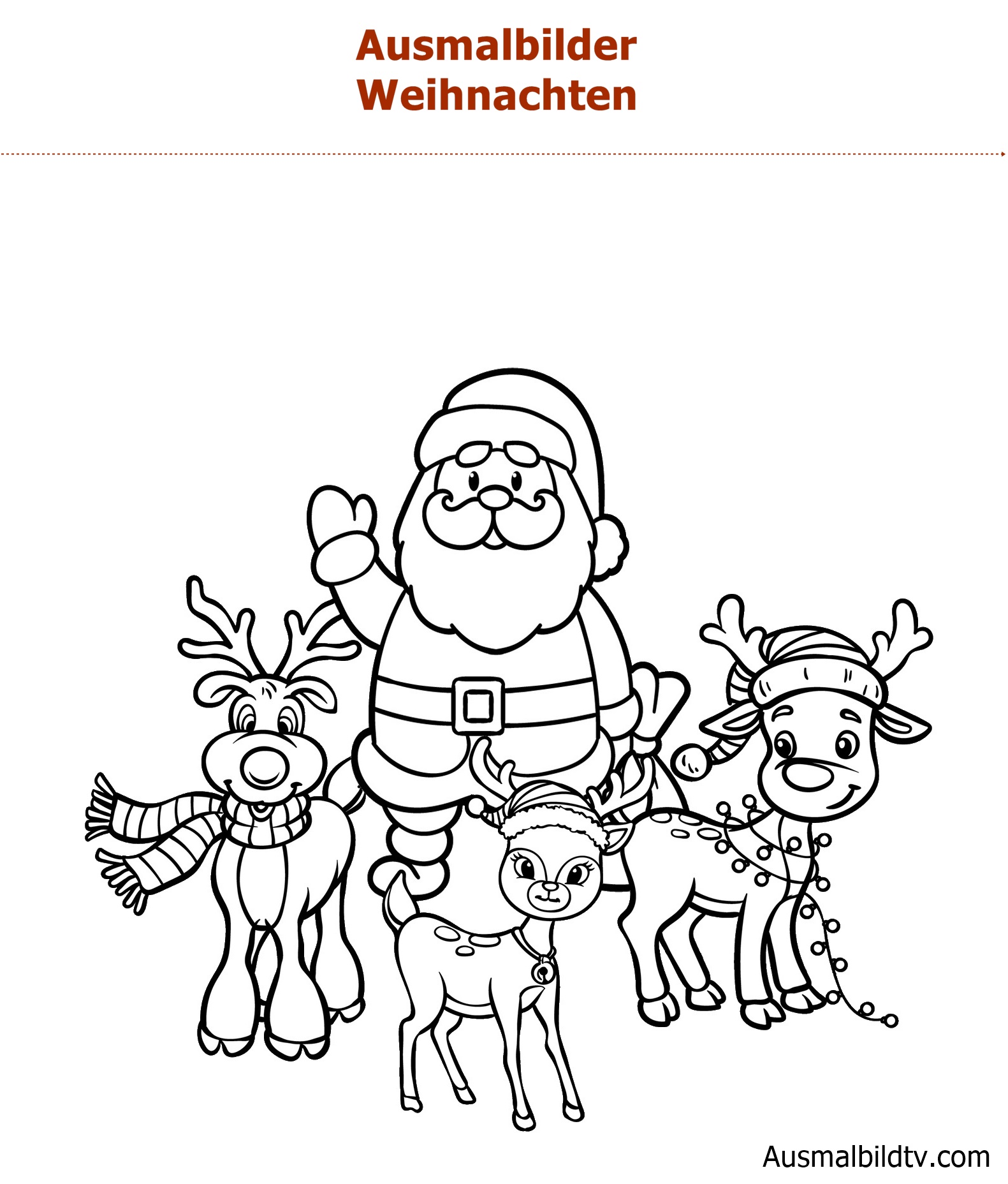 Ausmalbild Weihnachtsmann und Rentier mit Geschenk